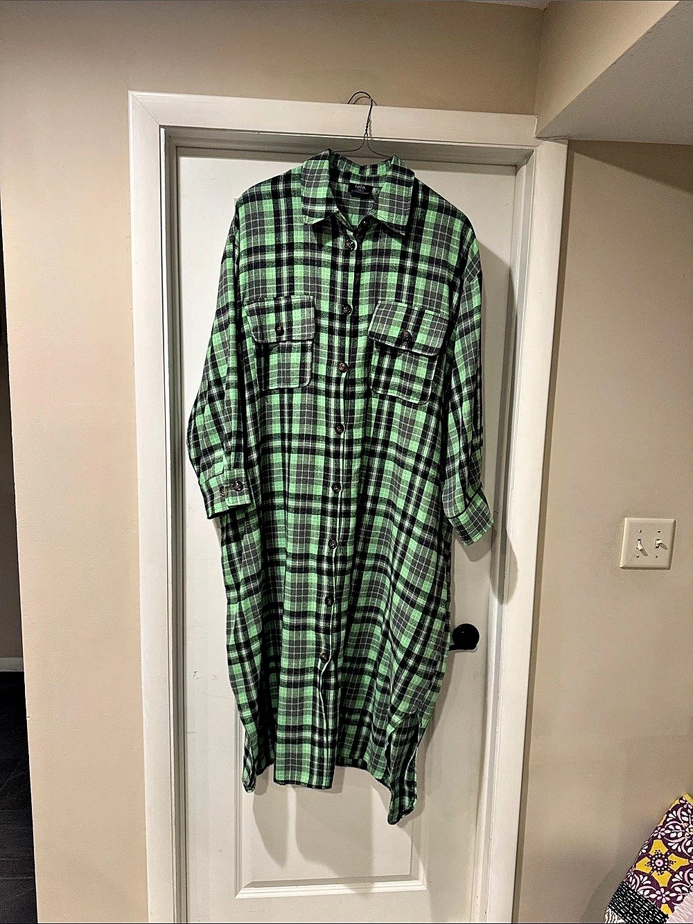 lala. Plaid Long Button Down Duster/Dress in Green & Black L/XL Like New